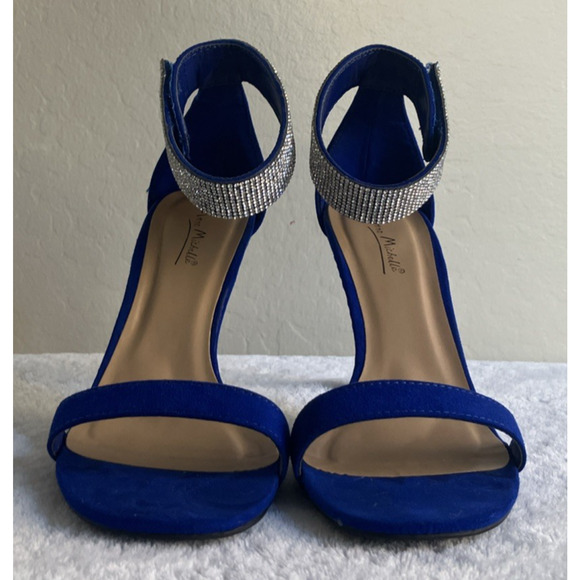 Anne Michelle Size 8 Royal Blue Faux Diamonds Open Toe High Heels Ankle Strap - Picture 6 of 16